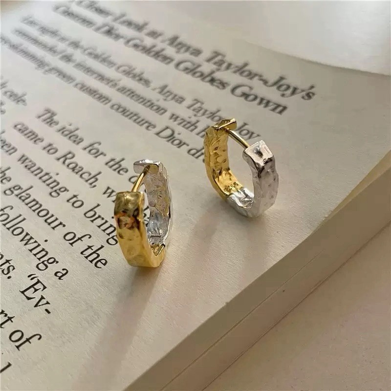 Two Tone Hammered Hoop Earrings 925 Silver Gold Silver Huggie Earrings 318