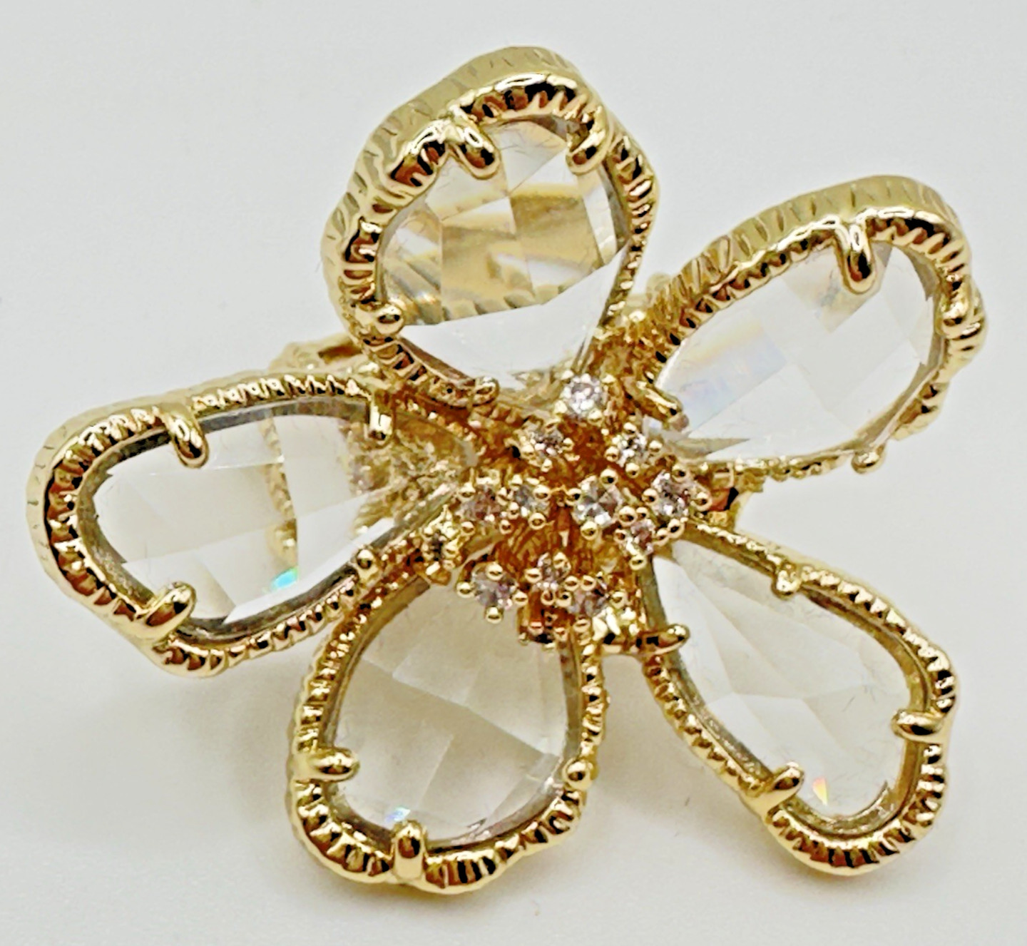 Joan Boyce Crystal Flower Ring Gold Tone Statement Cocktail Ring 1.5″ Size 5.5