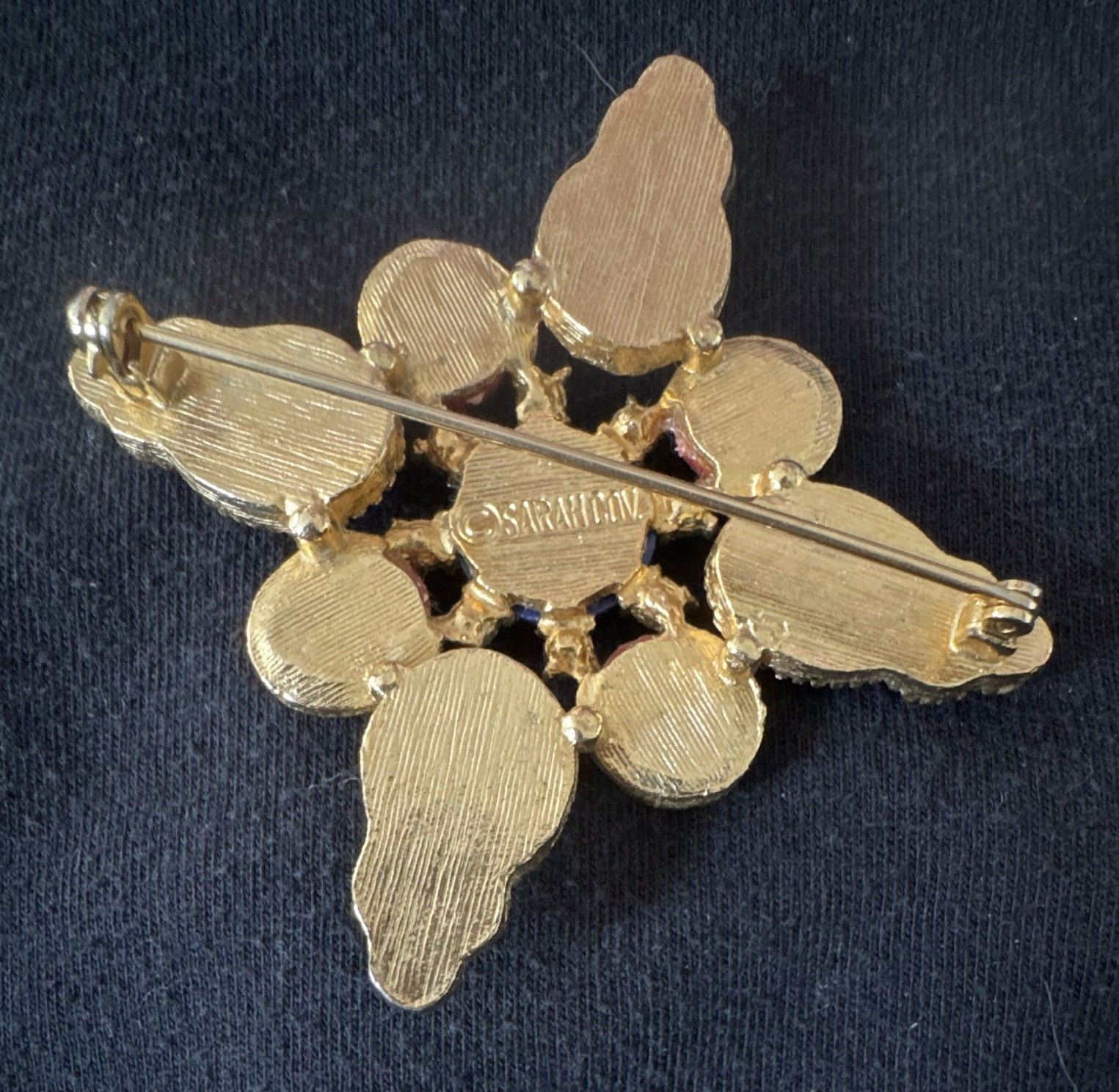 Sarah Cov Signed Gold Tone Cross Brooch Pin w/ Red White Blue Cabochons