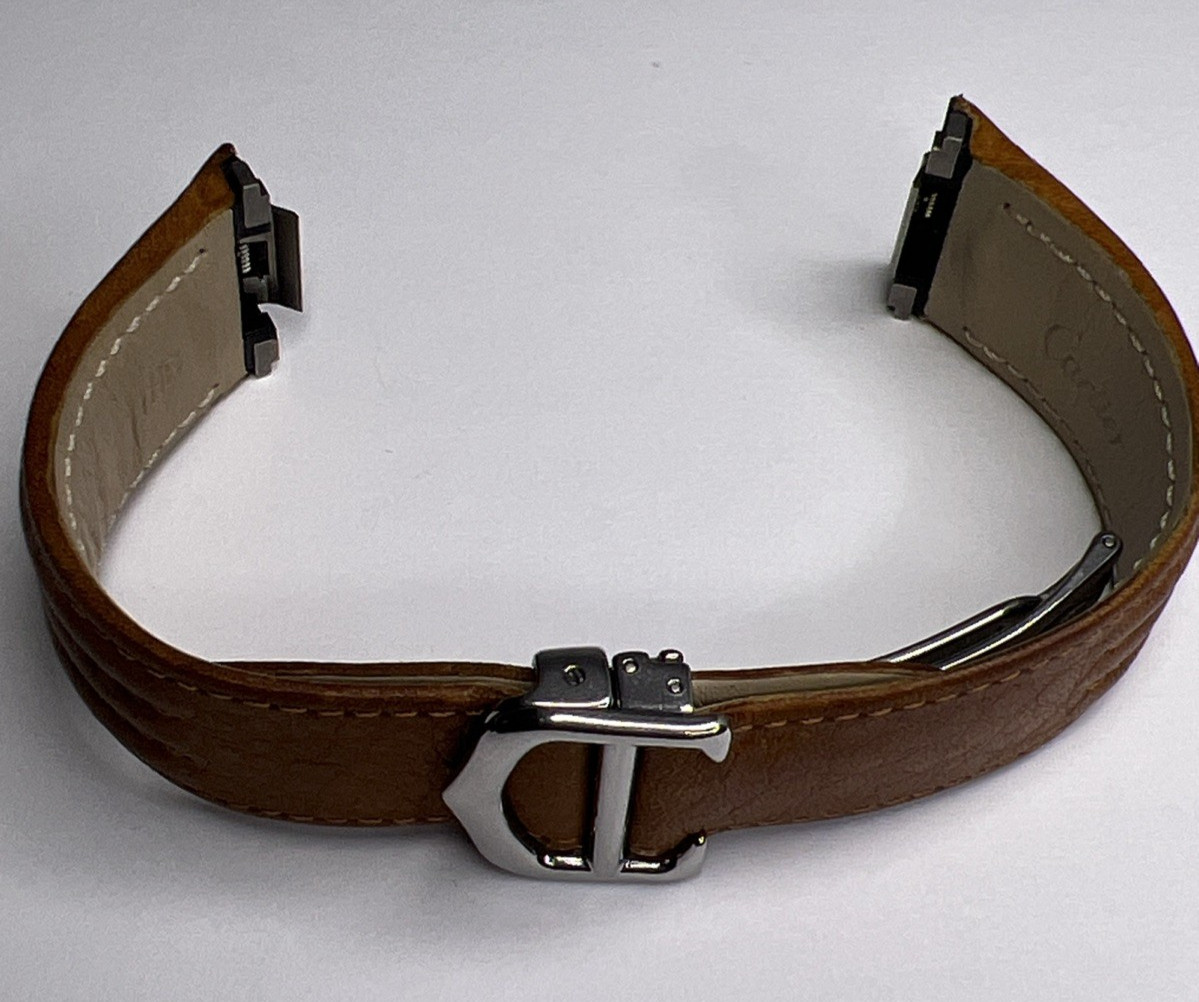 19mm Cartier Tan Ridged Leather Strap Band & 17mm Steel Foldover Deployant Clasp