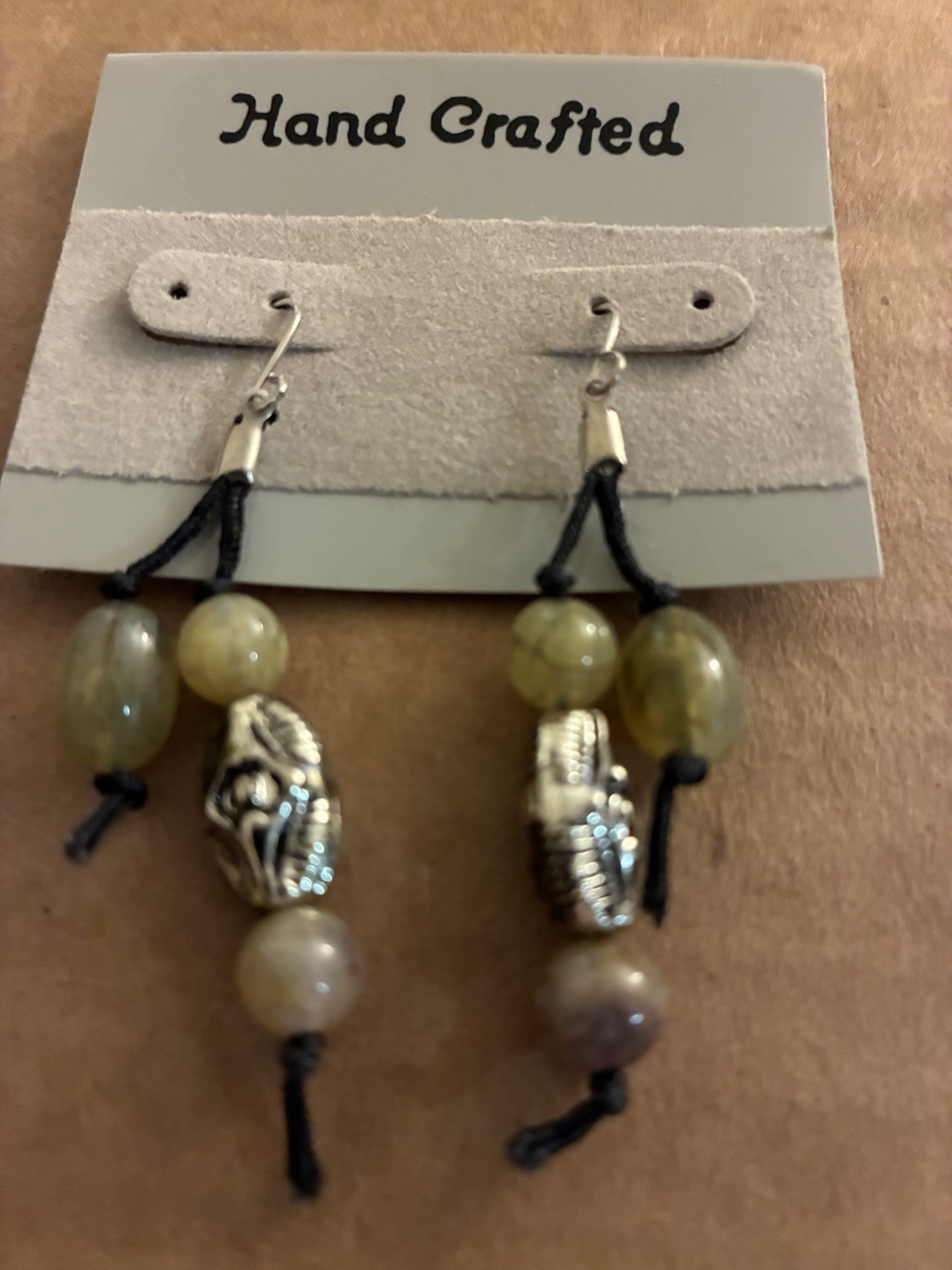 Handcrafted Green Round Stone Beaded Dangle Earrings Silver Tone Hook Closure