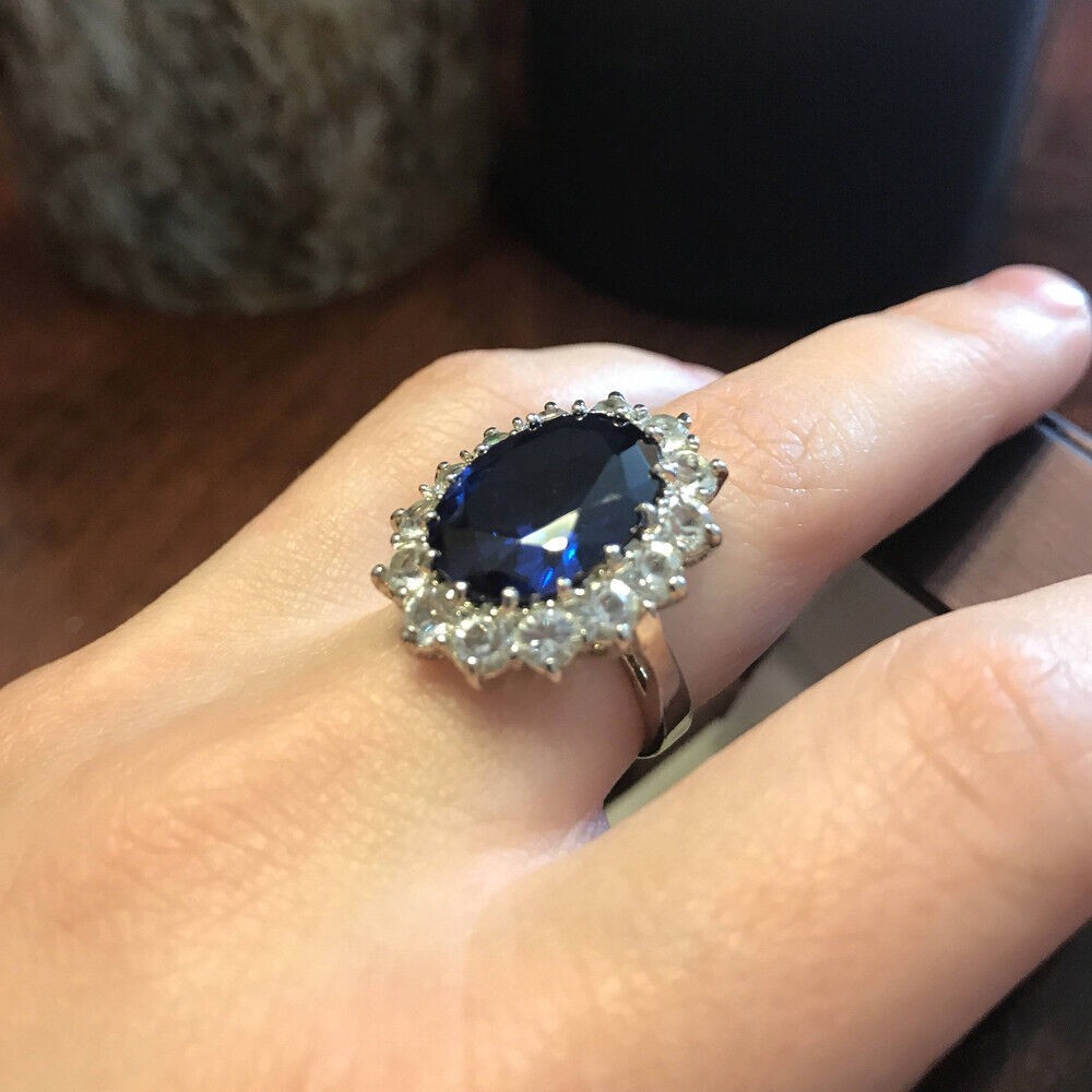 4.40Ct Lab-Created Blue Sapphire Princess Diana Ring 14K White Gold Plated