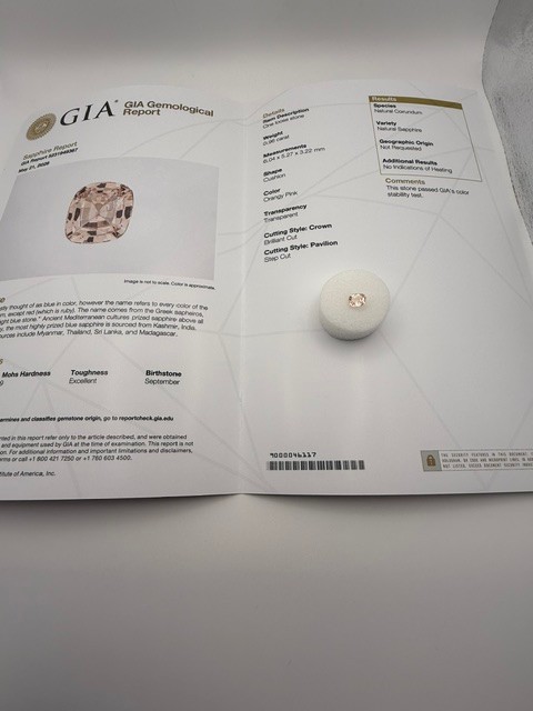 Natural No‑Heat Padparadscha Sapphire 0.97ct – GIA Certified, Eye Clean Cushion