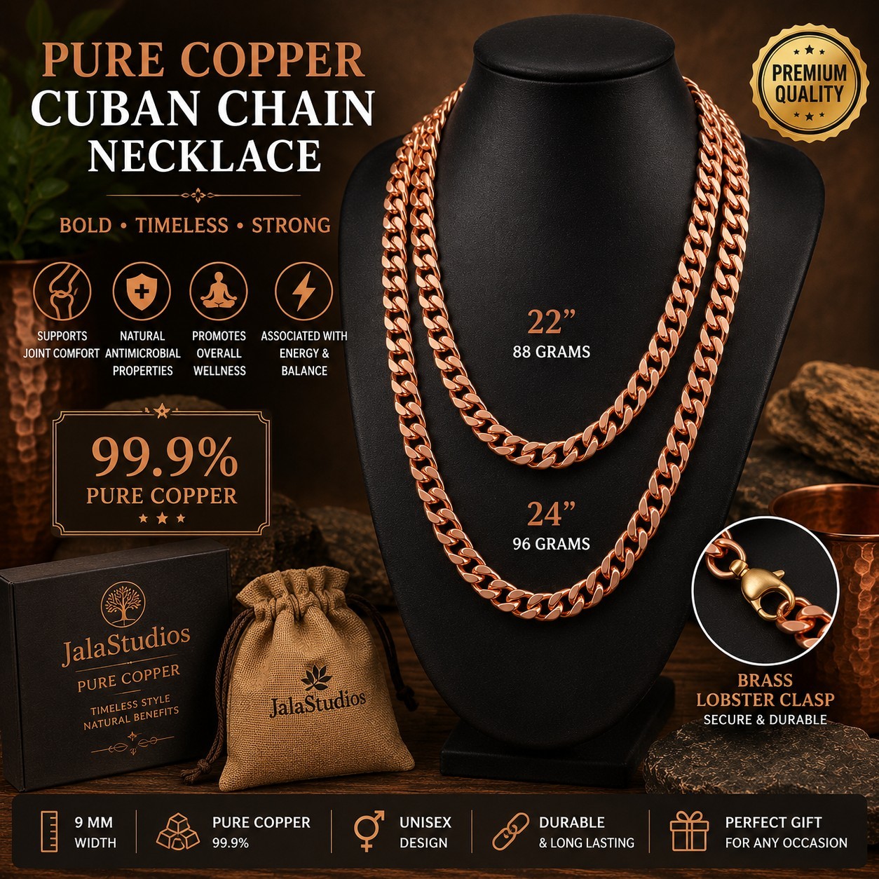 Pure Copper Cuban Chain Necklace – 9 mm Heavy Cuban Link Chain 22″-24″