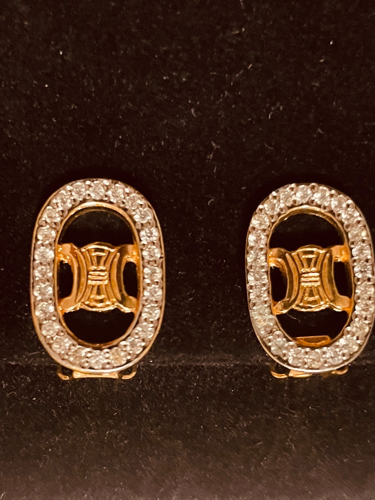 Vintage Celine Gold Tone Rhinestone Round Clip-On Stud Earrings Made In Italy