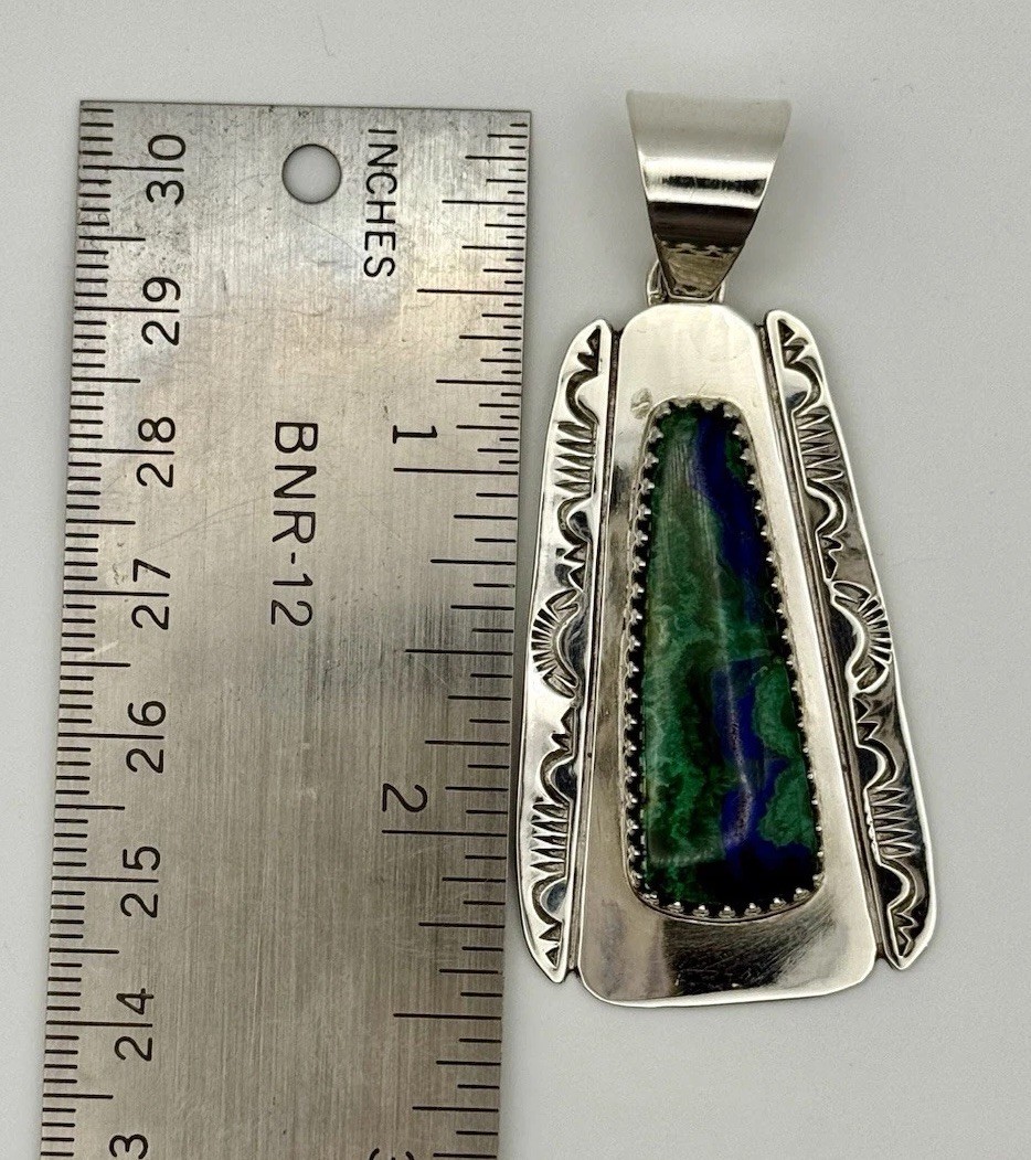 Navajo Sterling Silver Stamped Azurite Malachite Pendant Gerald Mitchell