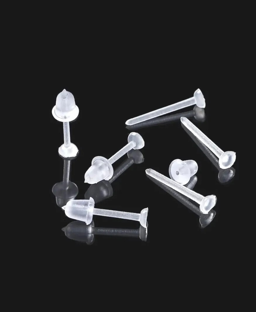 10 Pairs Clear Flat Plastic Stud Earrings and Rubber Backs 2mm Hypoallergenic