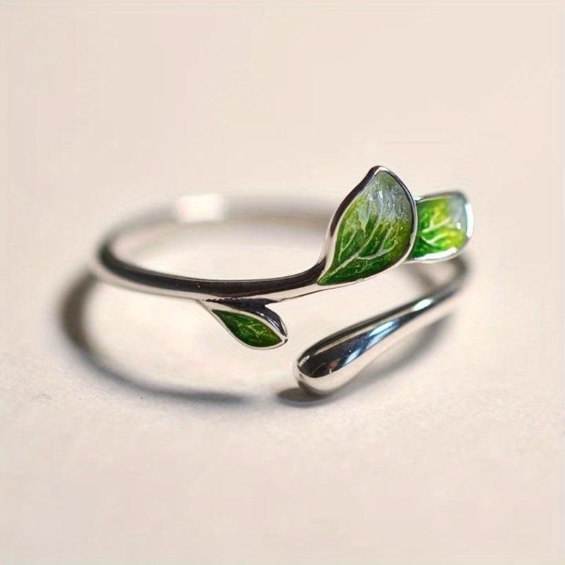 Green Enamel Leaf Adjustable Ring for Women Open Band Elegant Nature Jewelry
