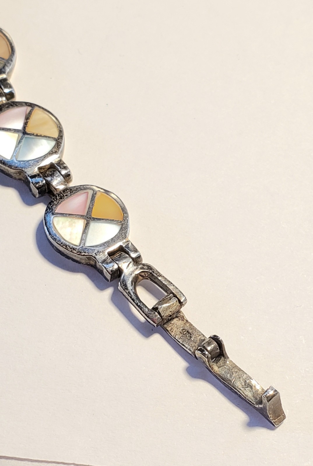 Vintage Bracelet, Sterling Silver & Shell, Artisan Made, 8 Inches Long