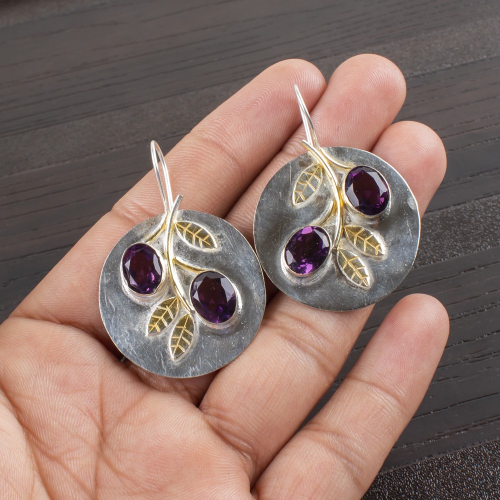 African Amethyst Stone Wife Dangle Drop Handcrafted Earrings Jewelry 925 Silver