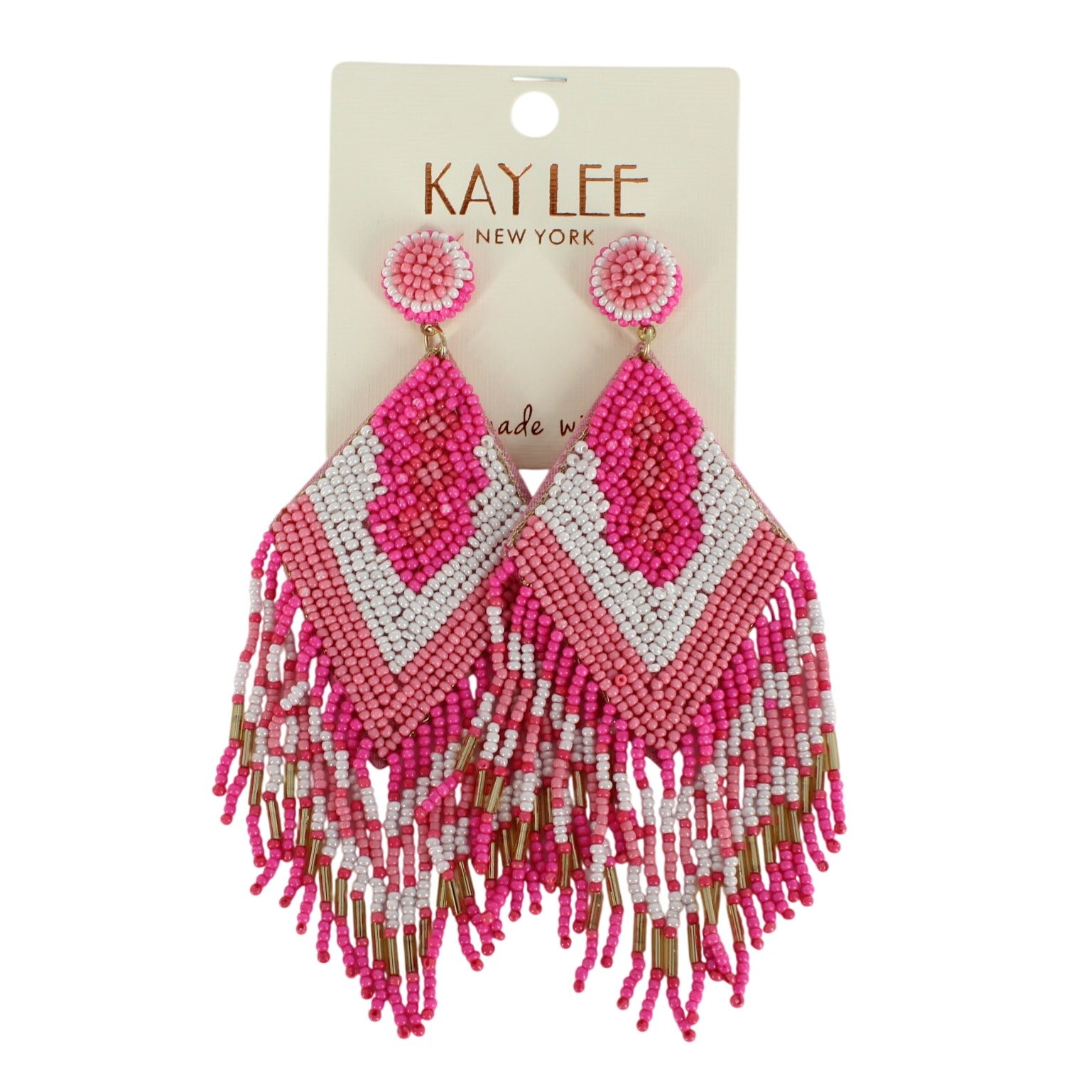 Kay Lee Boho Seed Bead Beaded Pink White Statement Earrings #OSE9056FU