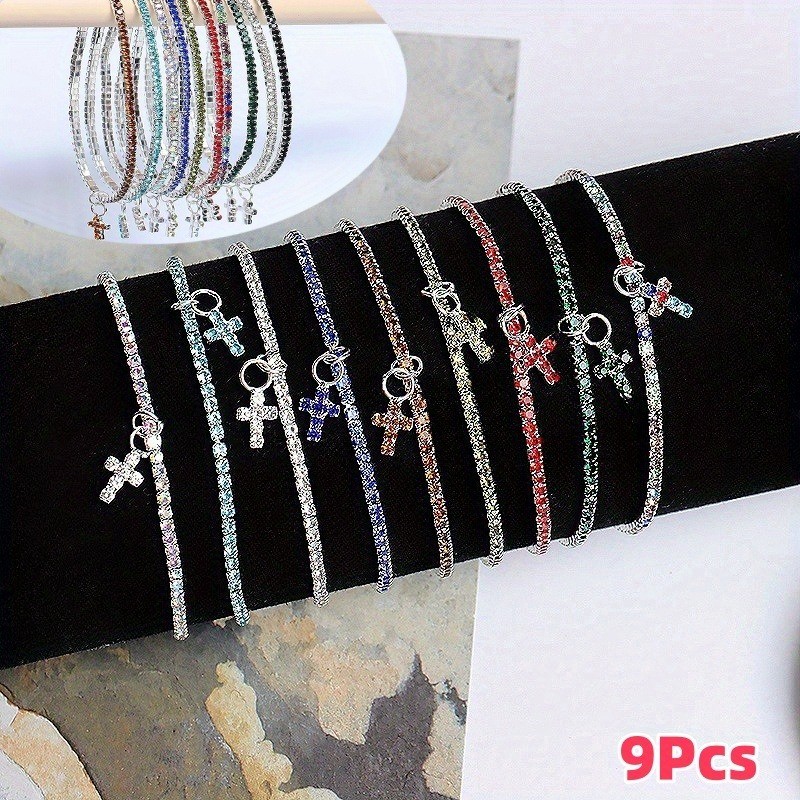 9Pcs Colorful Bracelets Cross Charm Stretch Sparkly Party Jewelry Gift