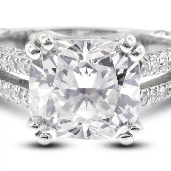 Side Stone Engagement Ring 14K Gold 2.53 Carat Cushion Lab-Grown Diamond H VS2