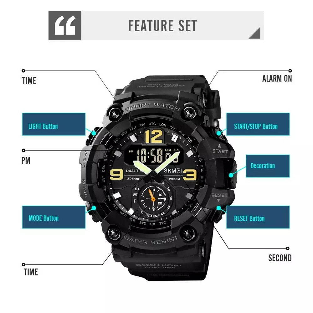 SKMEI Men Watch Shockproof Wristwatch Military Army Green Sport Digital Watches