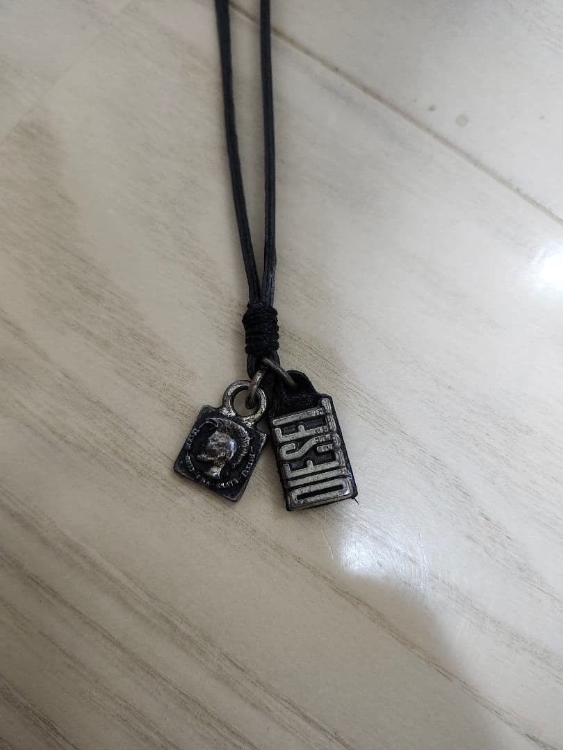 DIESEL Black Leather Cord Logo Charm Necklace Choker Unisex 23.62in