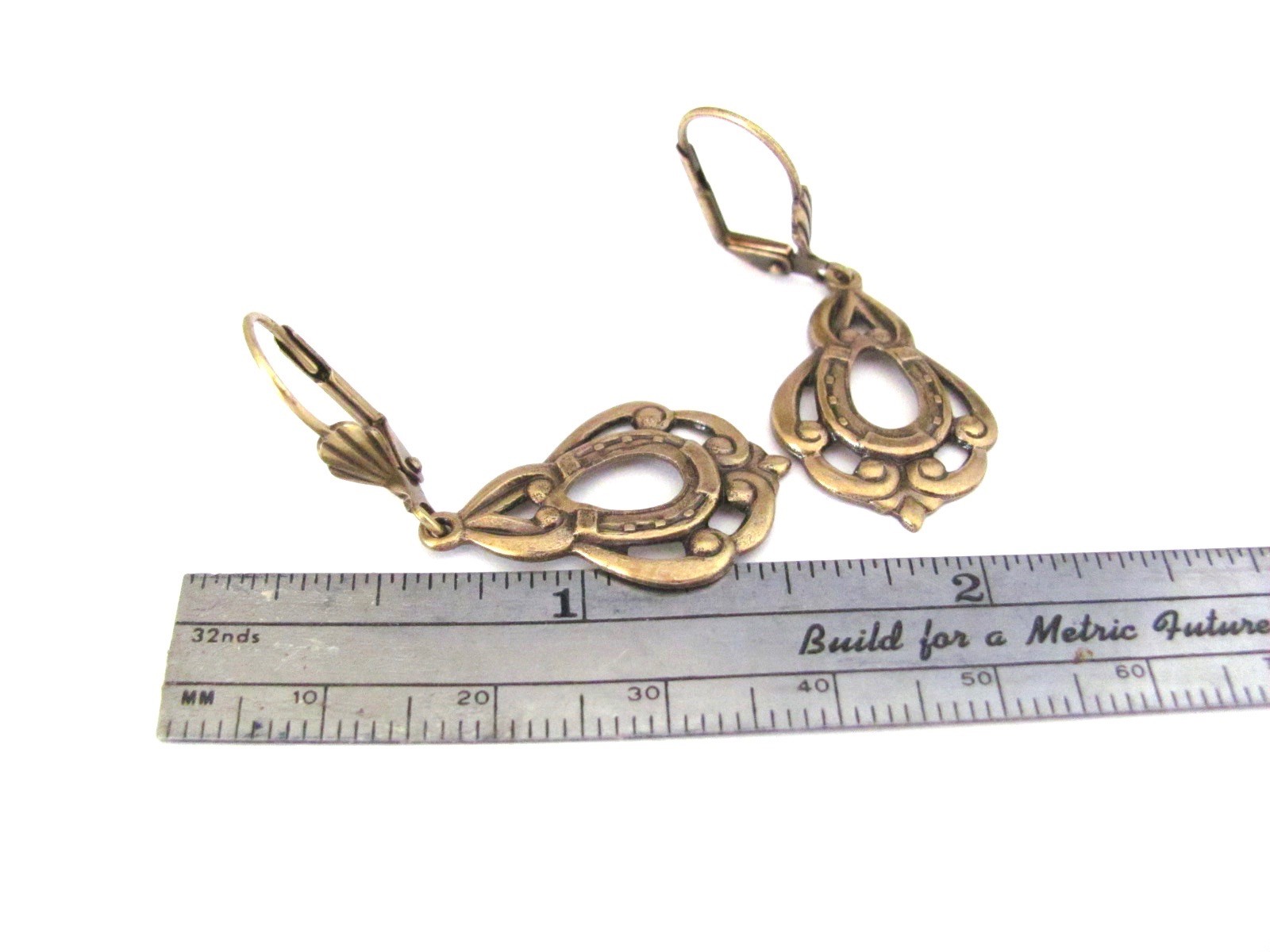 ART DECO Earrings Vintage Design Lucky Horse Shoe Antiqued Brass Gift for Her