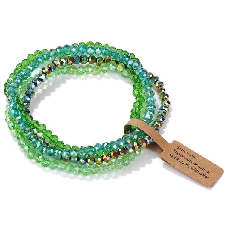 Gradient Green Faceted Crystal 4Pcs Stackable Elastic Beaded Layered Bracelet