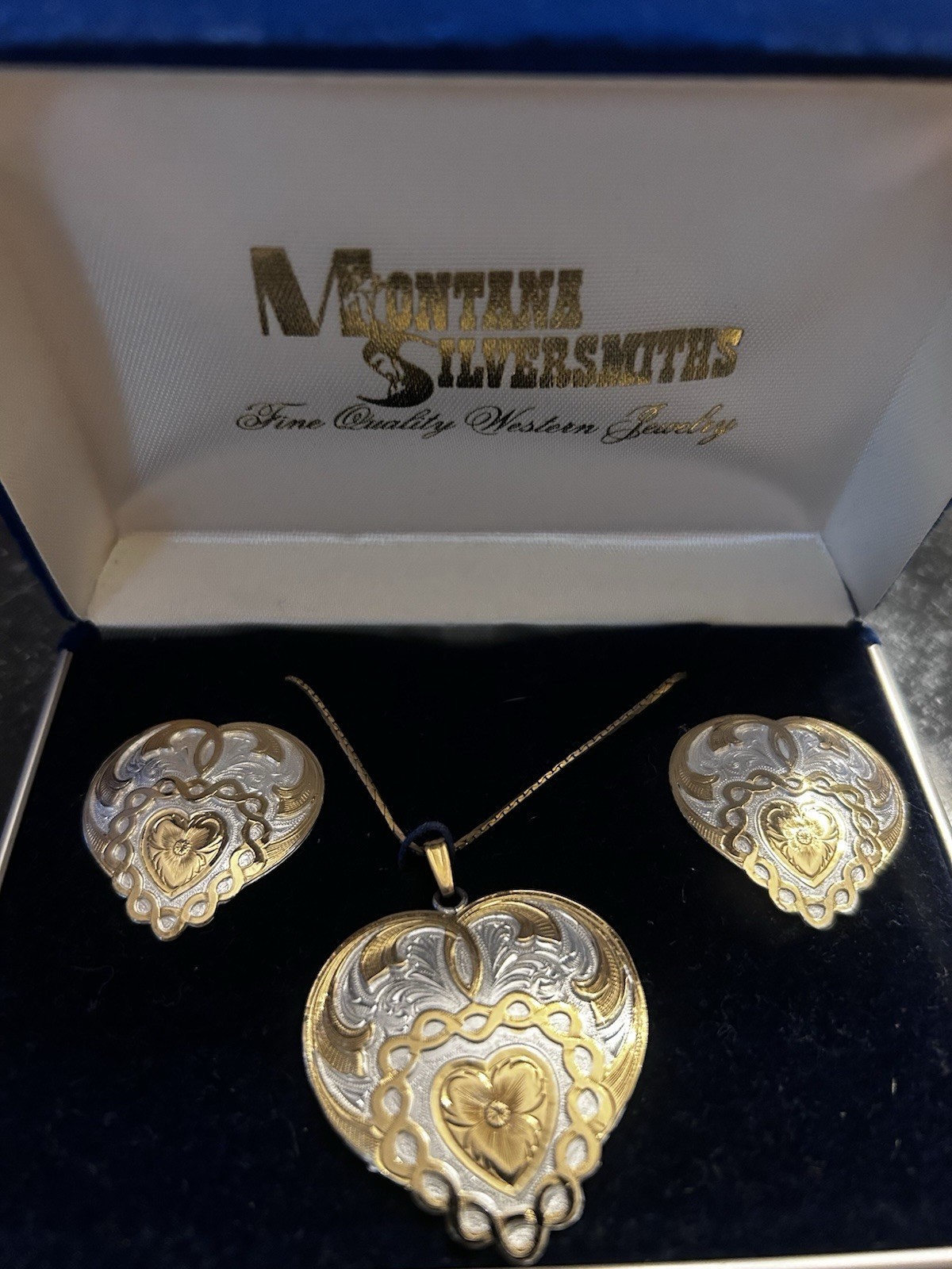 Montana Silversmiths Heart Necklace Earrings Vintage Silver Gold