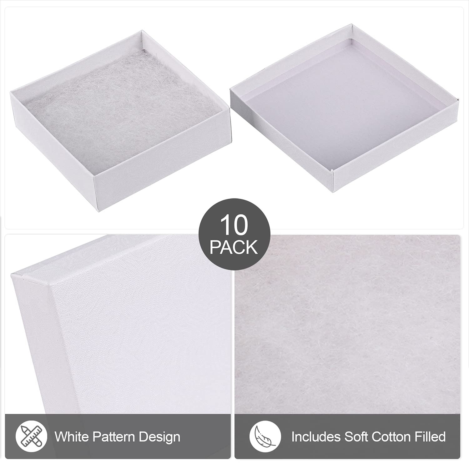Cardboard Jewelry Boxes 10 Pack – 3.5″x3.5″x1″ Bulk Cotton Filled Small Gift Box