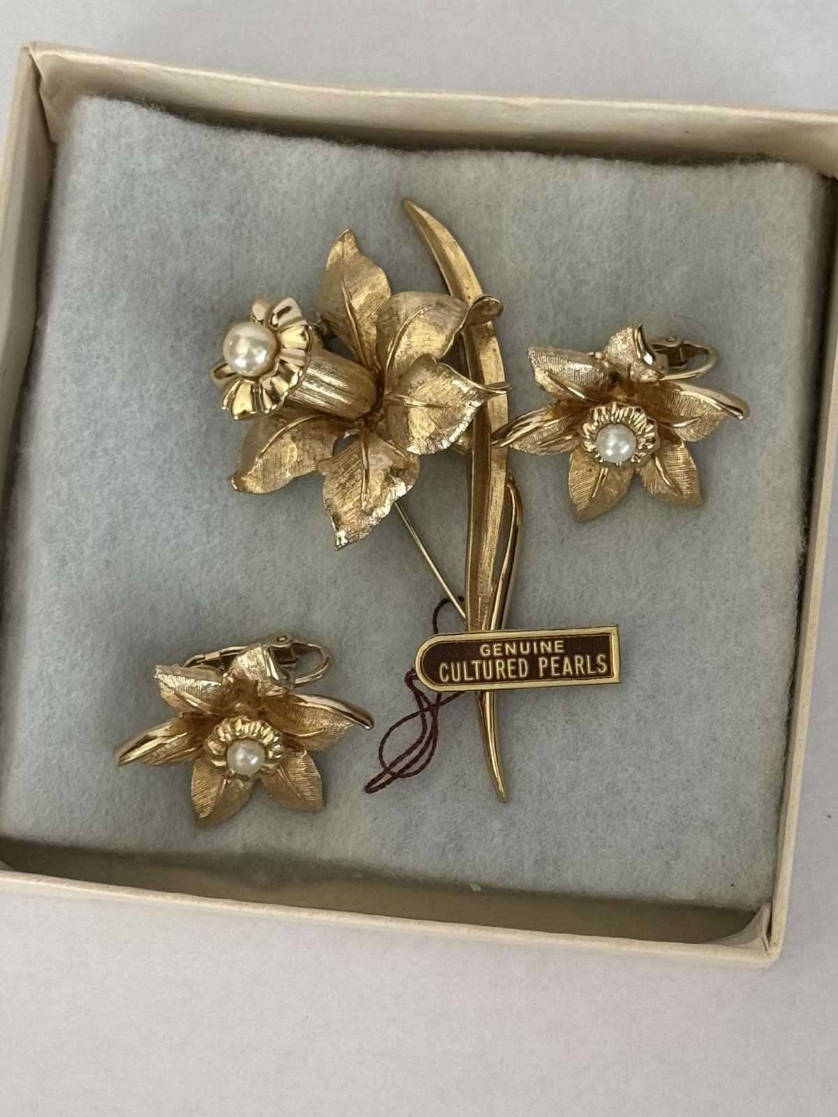 Vintage 1964 Marcel Boucher Jonquil Daffodil Brooch Earring Set Box Tags 8692