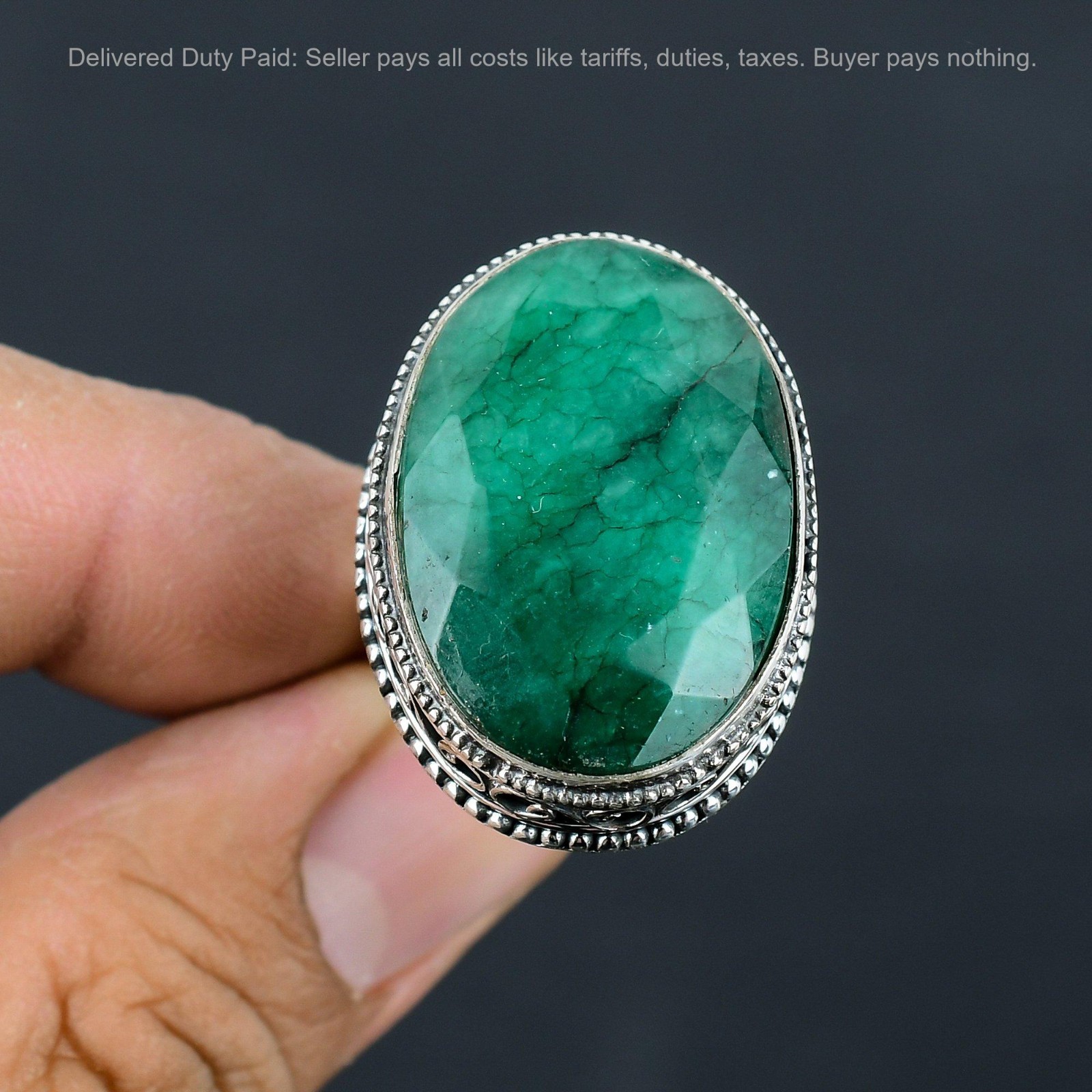 Oval Zambian Emrald Gemstone Sterling Silver Anniversary Statement Vintage Ring