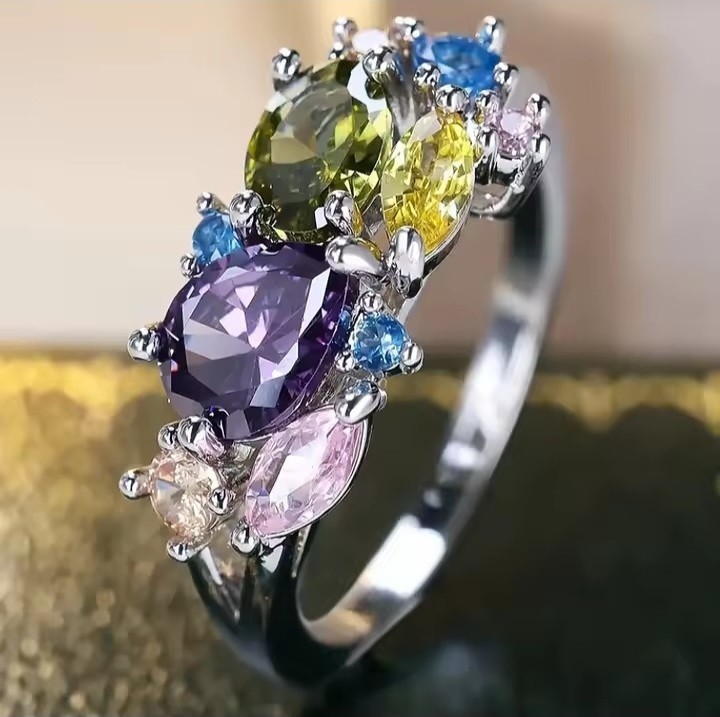 Multi Color Gemstone Cluster Ring Silver Statement Cocktail Women Jewelry Size 7