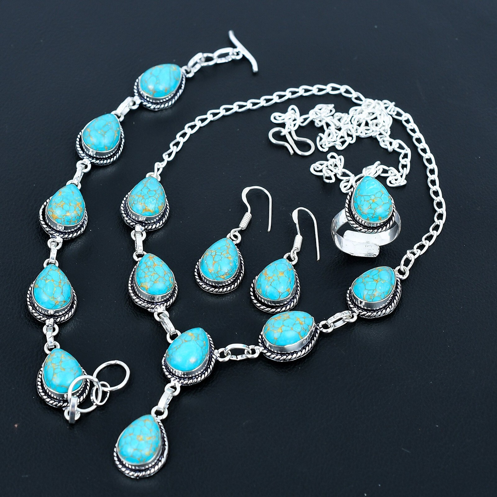 Copper Turquoise Gemstone Handmade 925 Silver Necklace + Bracelet Jewelry Set