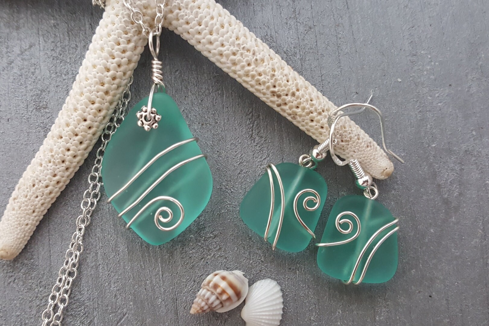 Hawaiian Jewelry Sea Glass Set, Wire Wrapped Aquamarine Necklace Earrings