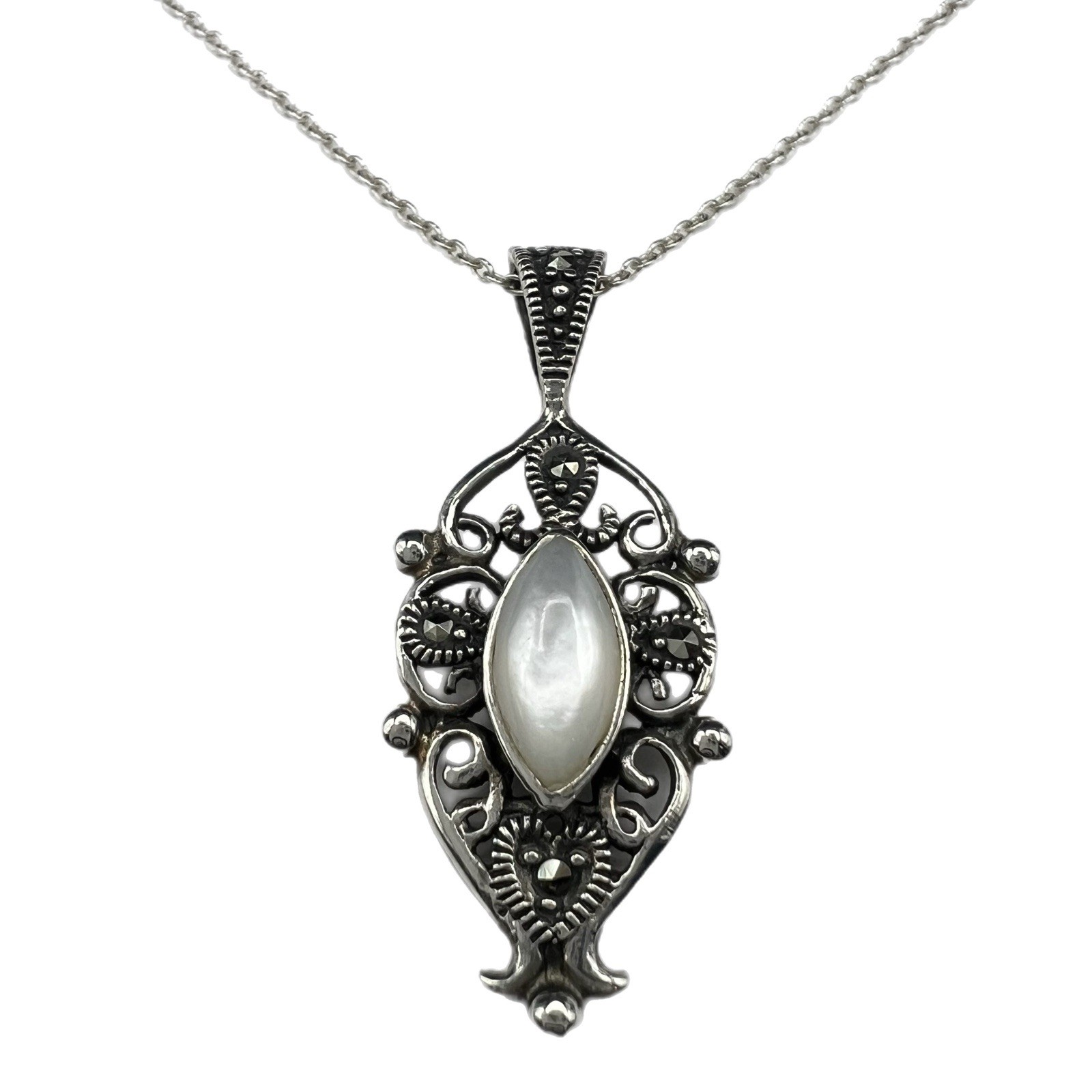 Mother of Pearl & Marcasite Filigree Pendant Necklace 925 Sterling Silver Chain