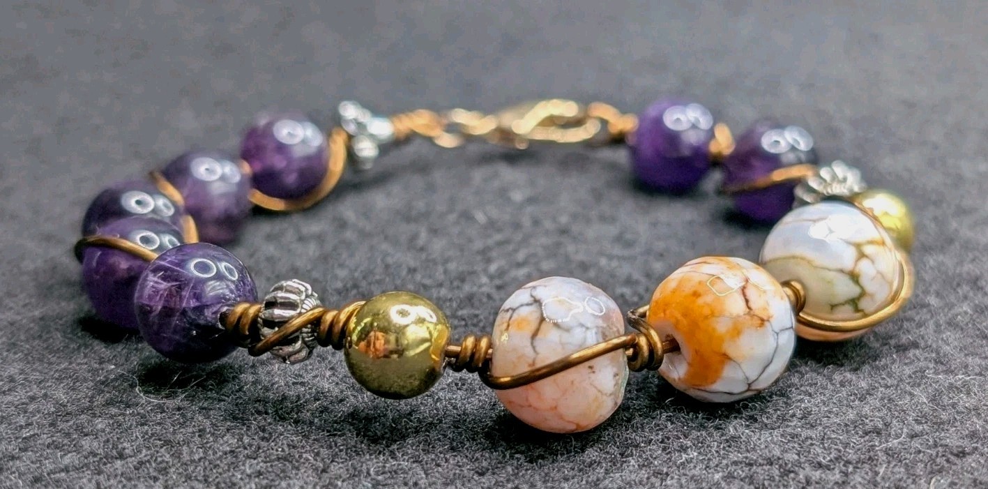 Women’s Stylish Orange Purple Chunky Bead Wire Wrapped Bracelet (16cm) S Wrist