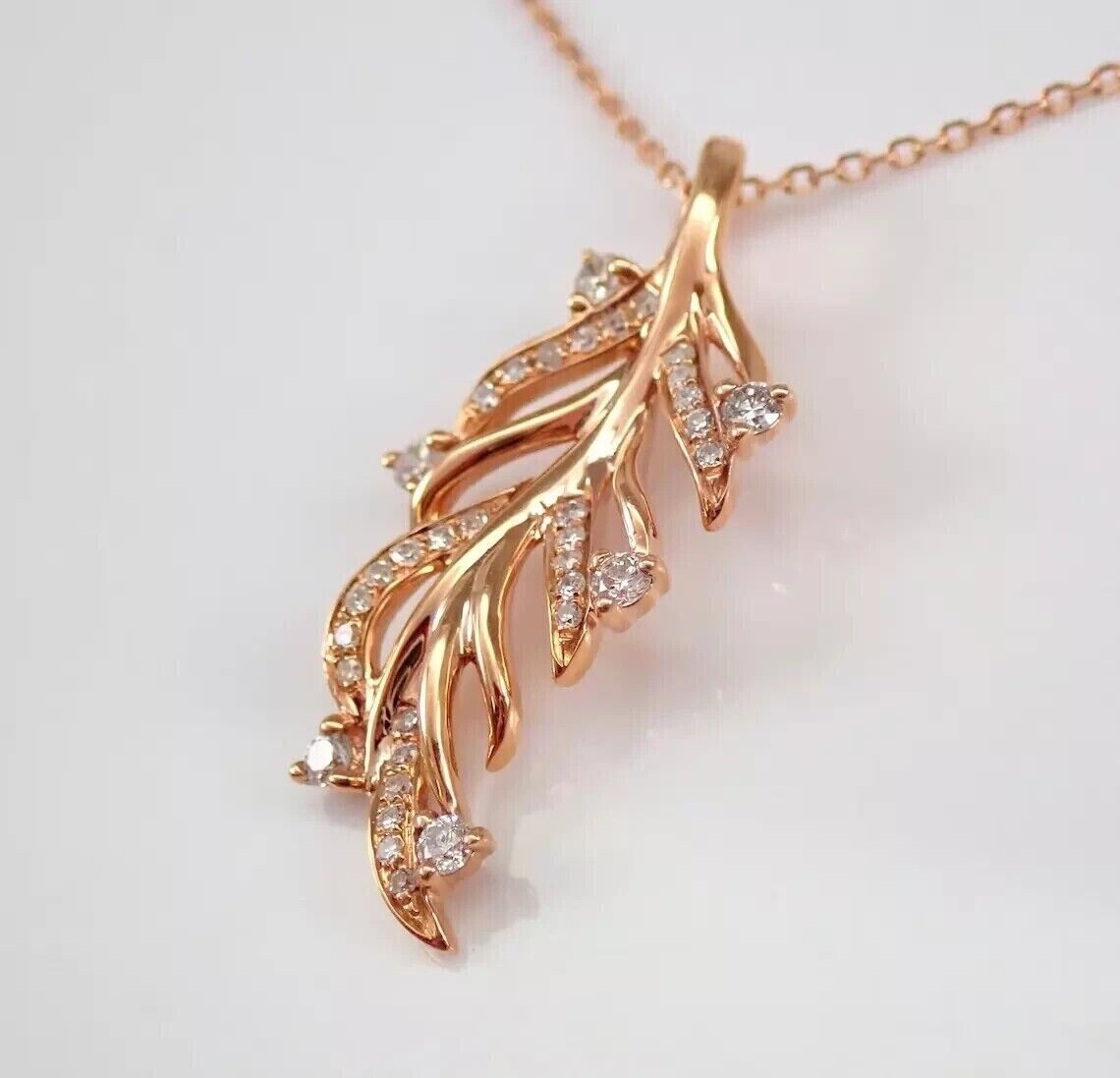 14k Rose Gold Plated In Round Cut Simulated Diamond Women’s Leaf Shape Pendant