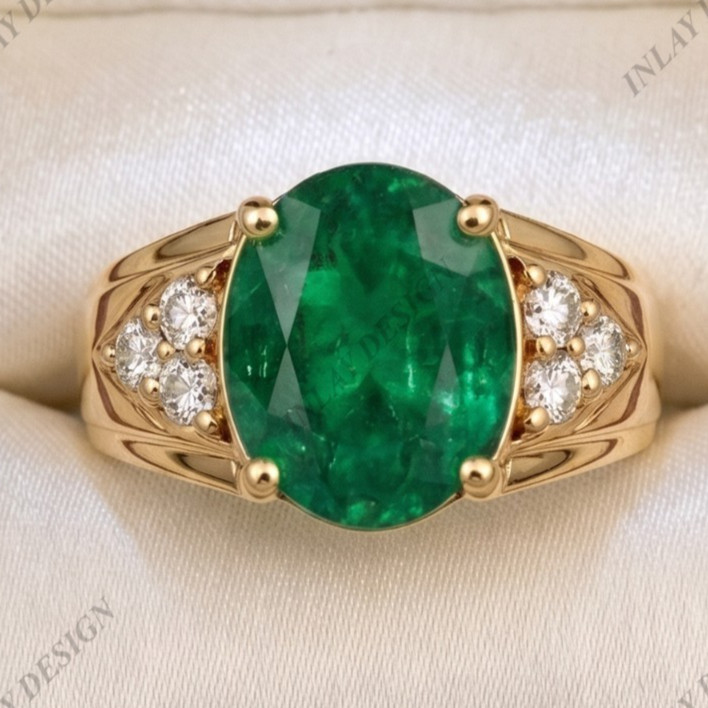 Princess Cut Oval Green Emerald 14k Yellow Gold Plated Unisex Ring For him