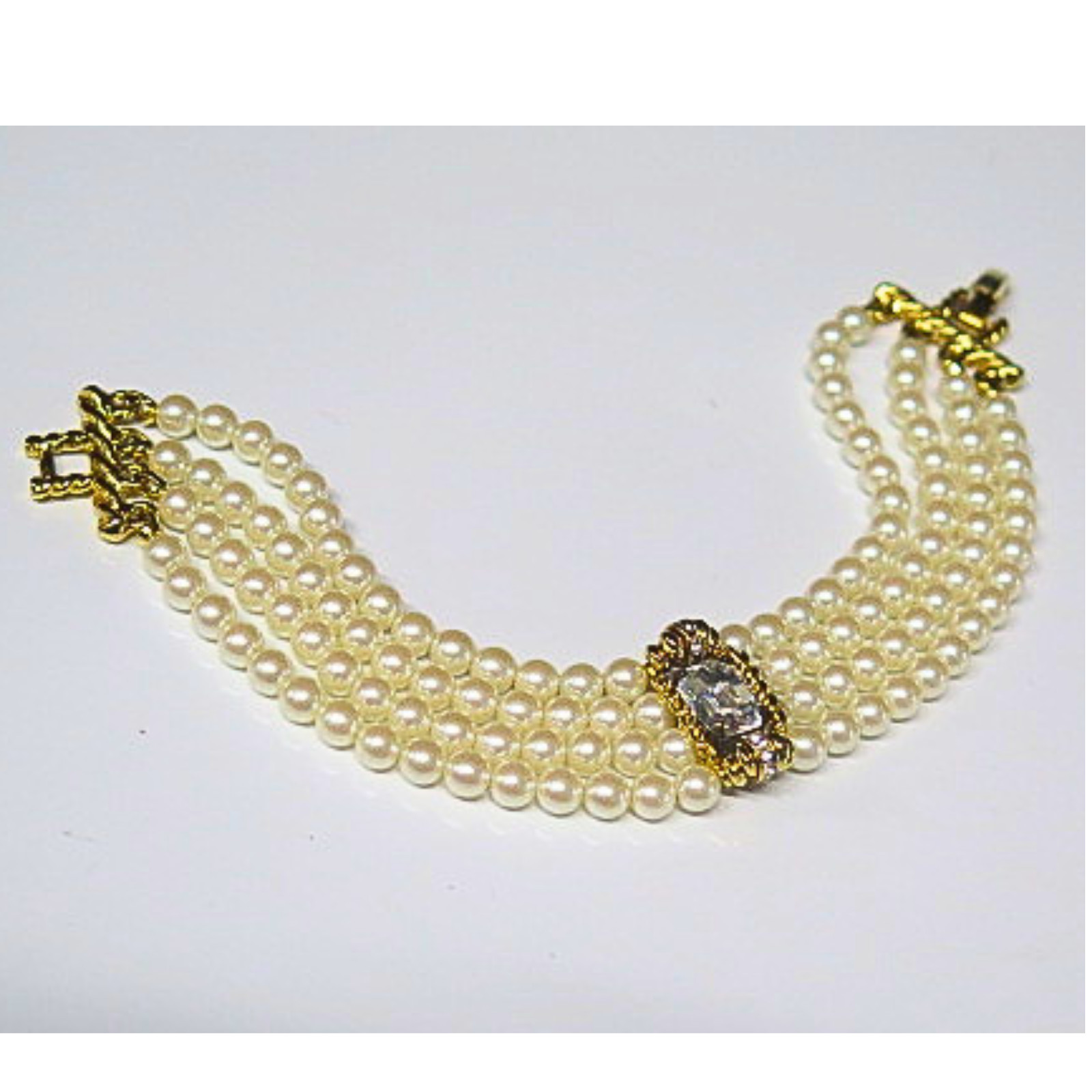 Vintage 4 Strand Faux Pearl Bracelet Gold Tone Crystal Accent Estate 7.5″