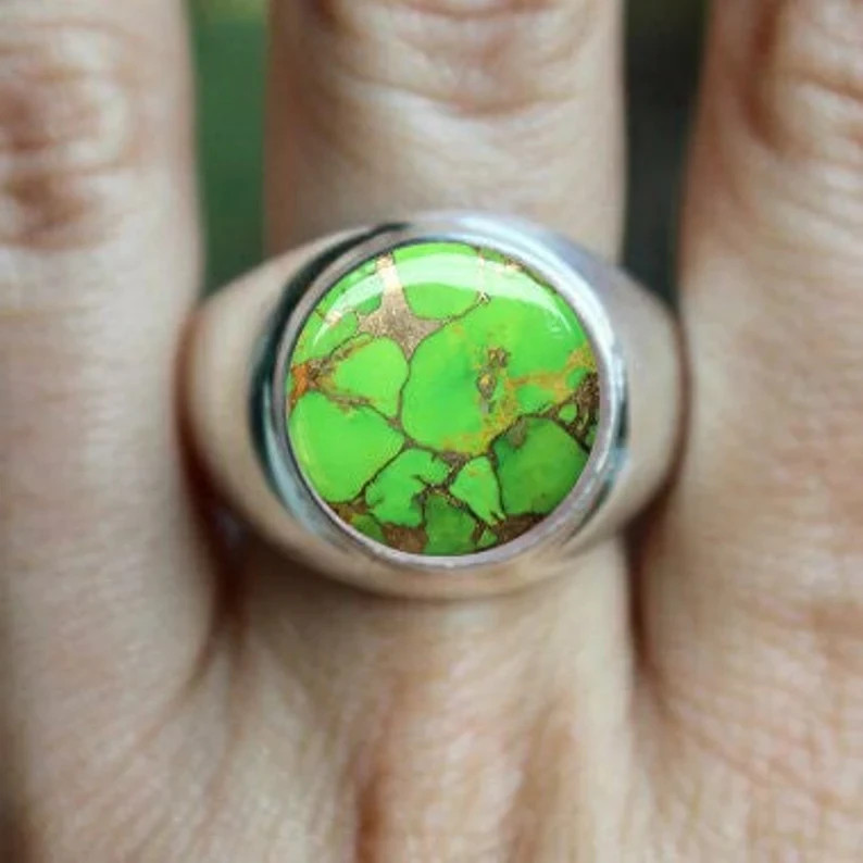Solid 925 Sterling Silver AA Natural Copper Turquoise Gemstone Men’s Unisex Ring