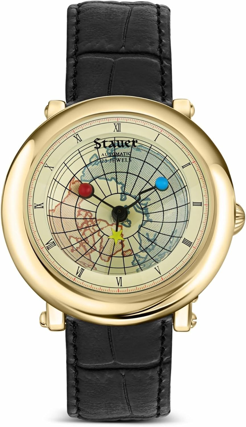 Dumonde 40mm Gold-Plated Automatic Watch with World Map Dial & Leather Band