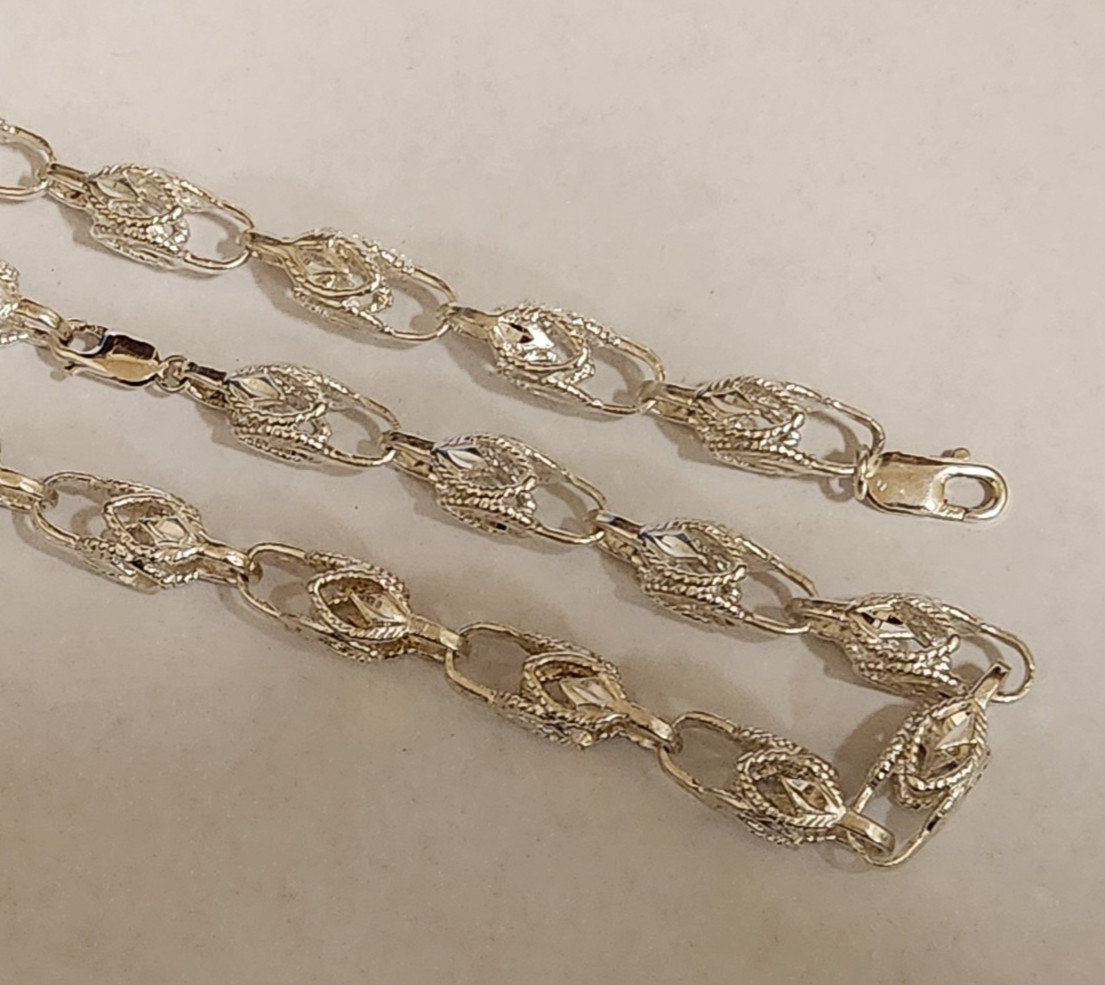 Men’s Lady’s 925 Silver Large Turkish Link Rope Chain 22in Long 8in Bracelet Set