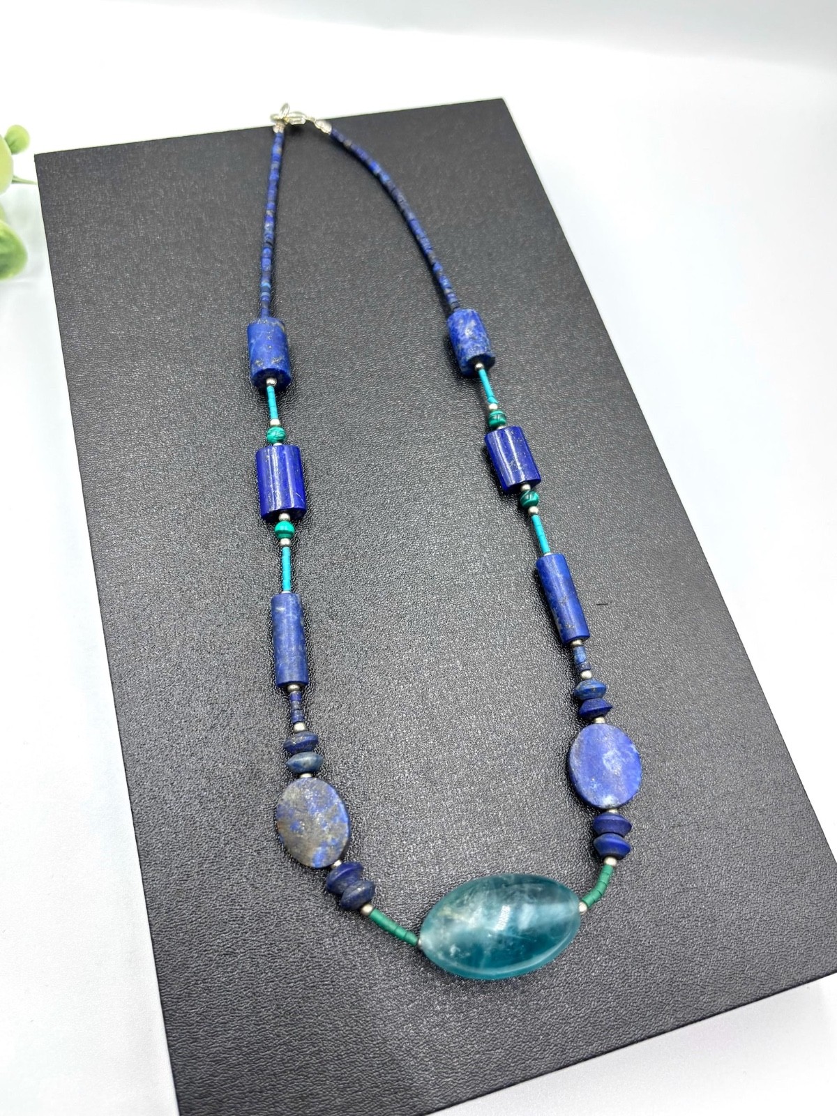 Handmade Lapis Lazuli Fluorite Pendant Necklace Vintage Style Gemstone Jewelry