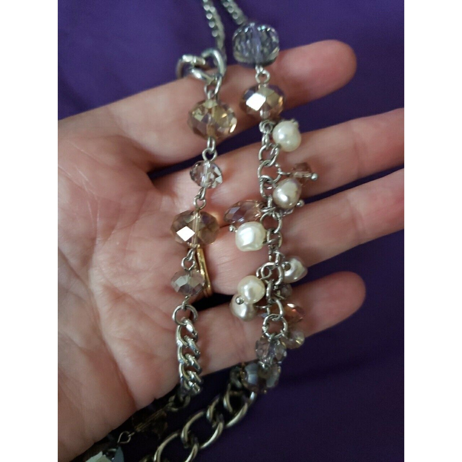 Long Silver Tone Glass Crystal Asymmetrical Necklace, Faux Pearl & Bead Baubles