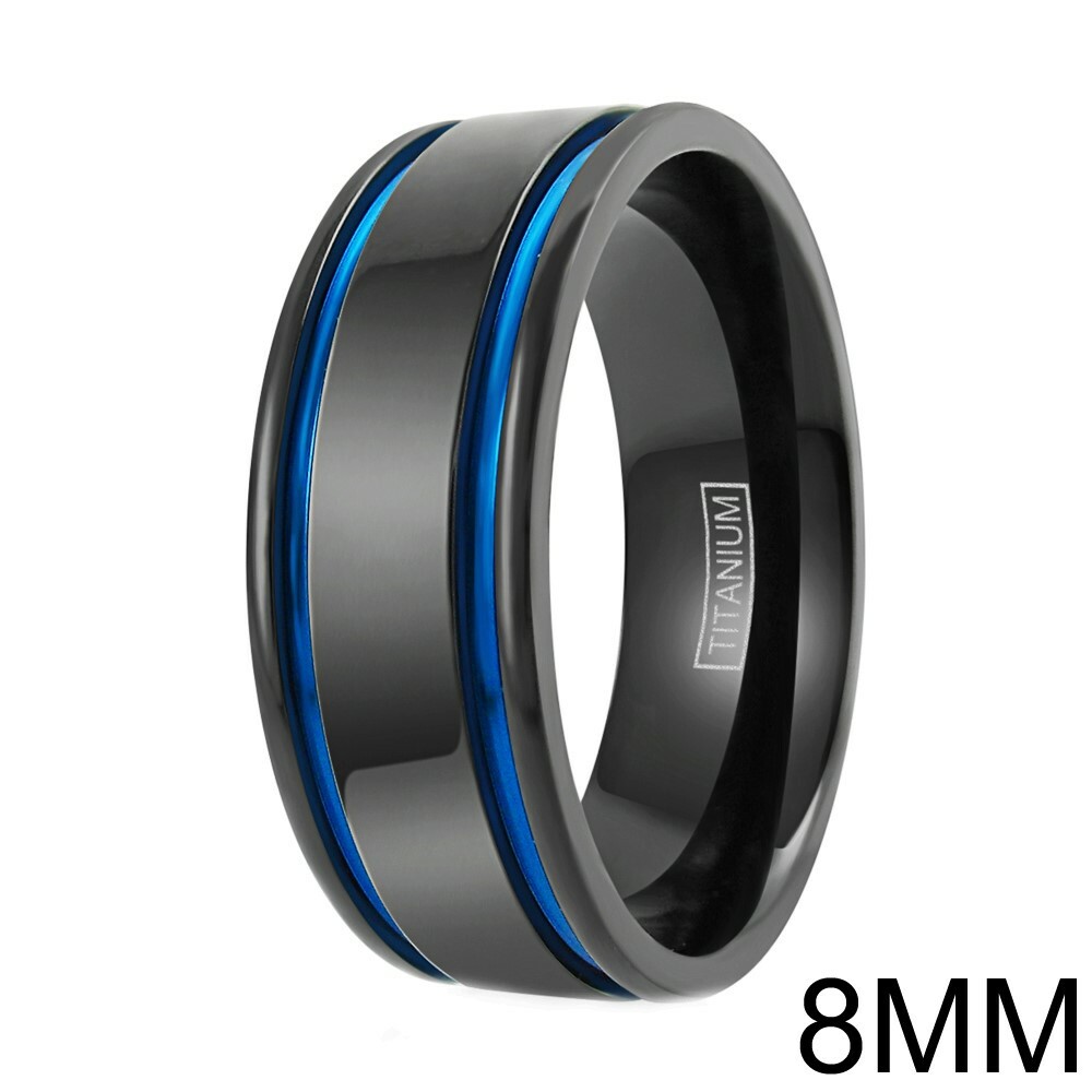 Gunmetal Titanium Men’s Double Blue Stripe Wedding Band Ring Size 5-15