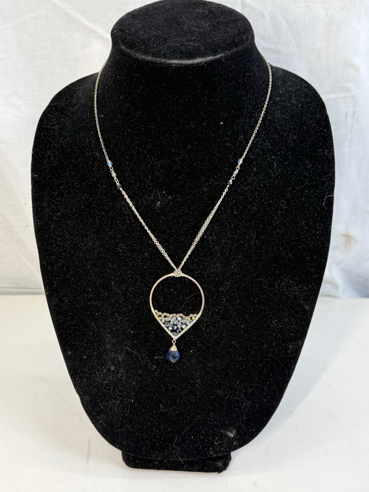 Nakamol Chicago Boho Beaded Wire Wrapped Hoop Necklace Blue Teardrop Crystal