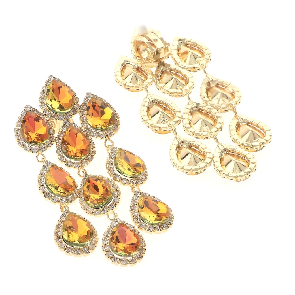 Gold Tone Metal Long Crystal Clip-On Chandelier Earrings ER2517-GYLW