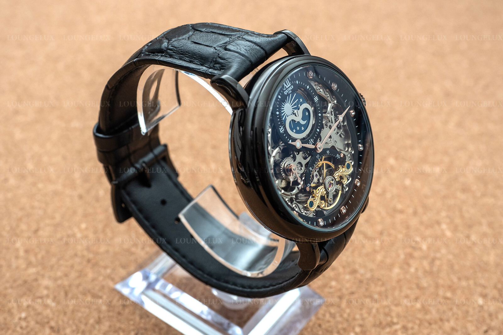 Mens Dual Time Flywheel Skeleton Automatic Mechanical Watch Black Leather Band