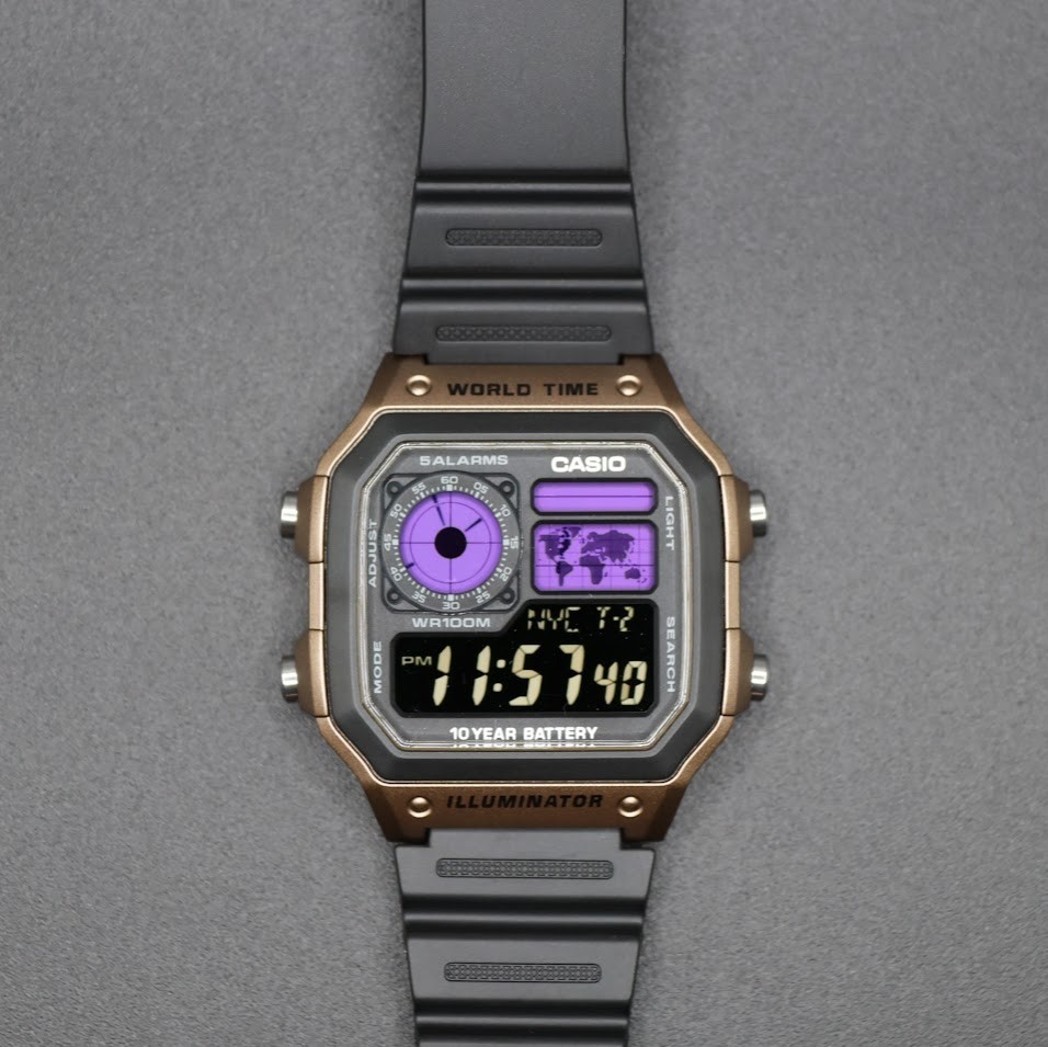 CASIO AE-1200WHD. Royale World Time Watch Mod. Purple Filter. Negative Display