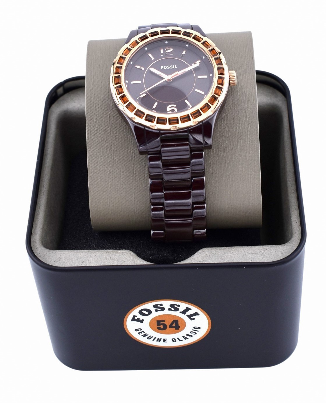 FOSSIL 38mm Baby Riley Ladies Brown Ceramic Glitz Dial Watch CE1070 $225.00