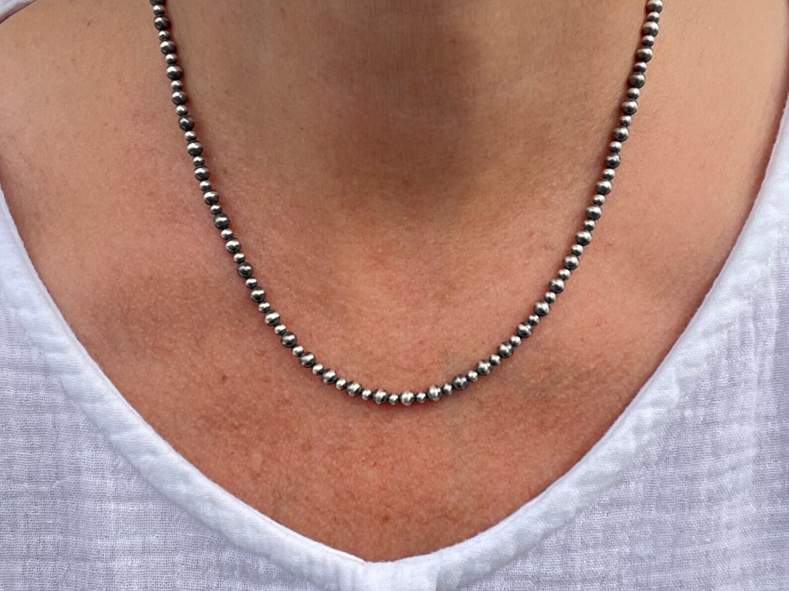 3mm & 4mm Navajo Pearls Necklace, Sterling Silver Beads, Modern Layering Choker