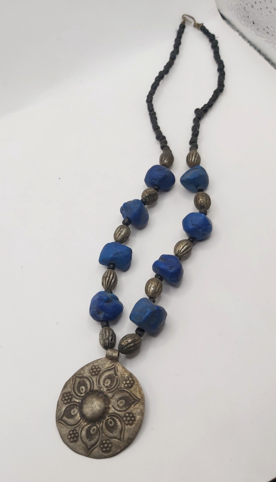 Vintage Berber Moroccan Lapis Blue Resin Bead Necklace Tribal Silver Tone Pendan