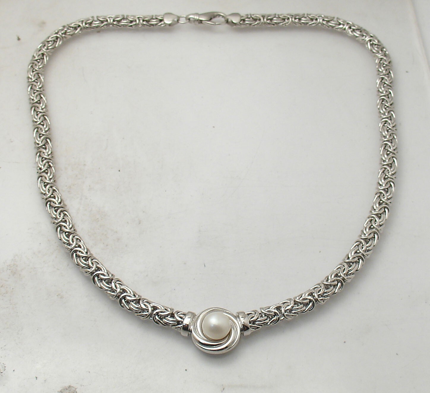 Technibond Pearl Center Byzantine Necklace Chain Anti-Tarnish Real 925 Silver