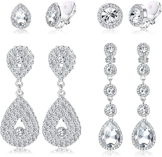 4 Pairs Silver Clip-On Dangle Drop Earrings for Women Non-Pierced Set