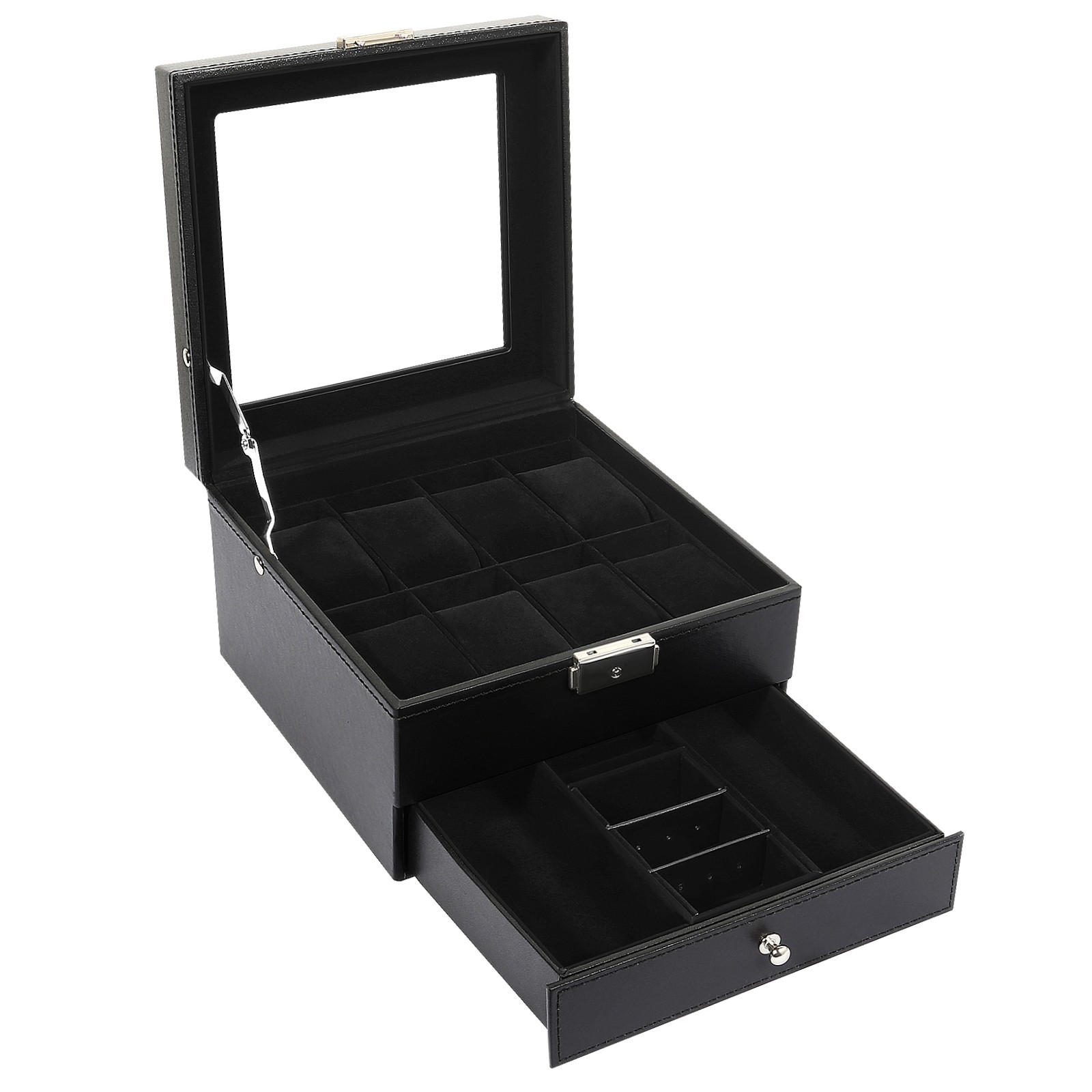 8 Slot PU Leather Watch Box Lockable Glass Top Display Case Jewelry Storage