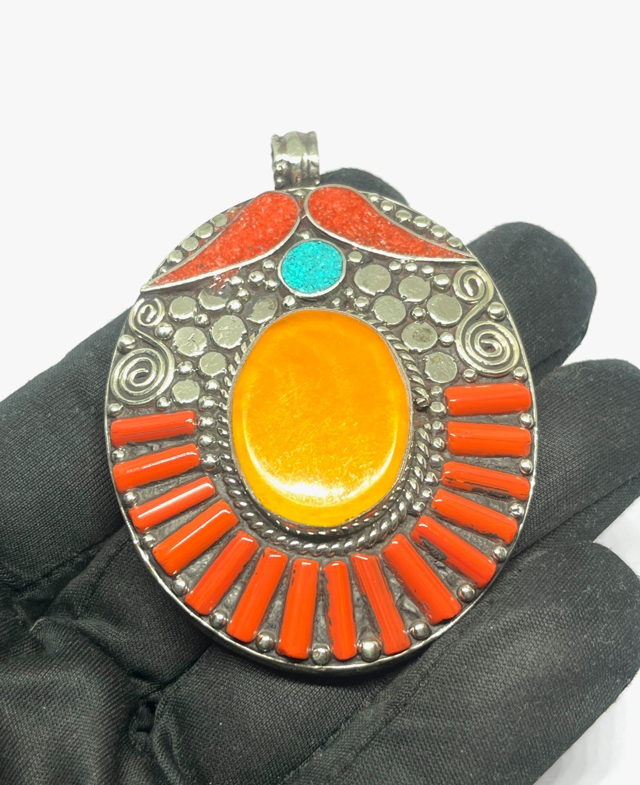 Art Deco Amber Coral Gemstone Tibetan Style Boho Pendant Jewelry, 2.8 inch